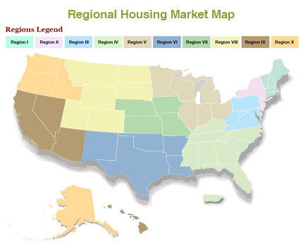 Map illustrating the boundaries of the 10 regions defined by HUD and their included states. Map illustrating the boundaries of the 10 regions defined by HUD and their included states.